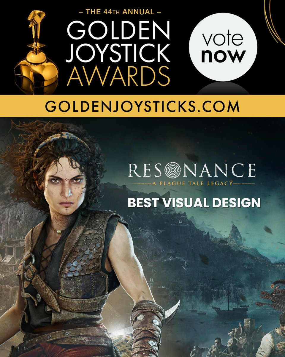 APlagueTale's tweet photo. Great news! 🗡️📣 Resonance: A Plague Tale Legacy is shortlisted in 2 categories for the #GoldenJoystickAwards! 

- Best Visual Design 
- Best Lead Performer, for Anna Demetriou as Sophia

Votes are open 🗳️ https://t.co/WK8lwZnBb1 https://t.co/EEb3dHy2c4