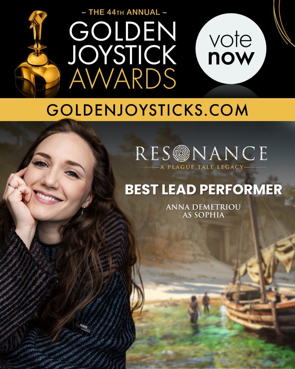 APlagueTale's tweet photo. Great news! 🗡️📣 Resonance: A Plague Tale Legacy is shortlisted in 2 categories for the #GoldenJoystickAwards! 

- Best Visual Design 
- Best Lead Performer, for Anna Demetriou as Sophia

Votes are open 🗳️ https://t.co/WK8lwZnBb1 https://t.co/EEb3dHy2c4