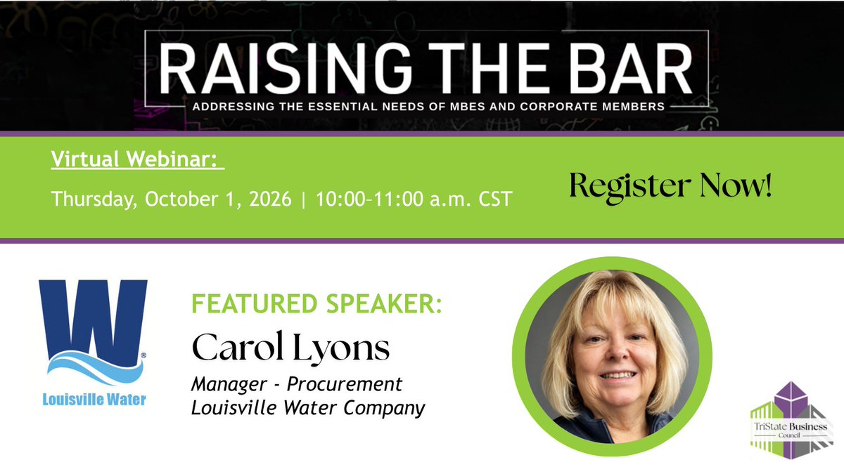 TriStateMSDC's tweet photo. Meet Carol Lyons, Manager of Procurement at @louisvillewater, featured at TSBC’s Raising the Bar Mini Series.

Learn about procurement opportunities, supplier engagement &amp; positioning your business for future contracts.

📅 Oct. 1 | 10 AM CT | Virtual
#RaisingTheBar https://t.co/3hvubIGYPT