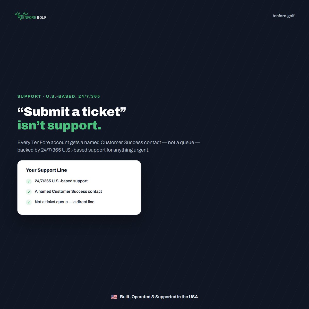 TenForeGolf's tweet photo. "Submit a ticket" isn't support. Every TenFore account gets a named Customer Success contact — a real person, not a queue — backed by 24/7/365 U.S.-based support for anything urgent. When something needs attention at your course, you shouldn't have to wonder who's on the other end. With TenFore, you already know.

#GolfTech #CustomerSupport #TenForeGolf