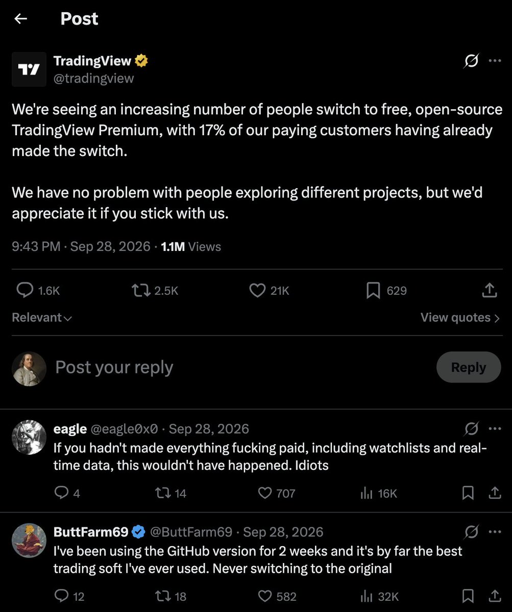cryptotrice's tweet photo. BREAKING: TradingView says 17% of Premium subscribers have already switched to free open-source Premium from GitHub

They later deleted the post

The GitHub version is currently available for Windows and Mac, with an app-bound repo link inside the app

Read the full guide below on how to get it and bookmark it