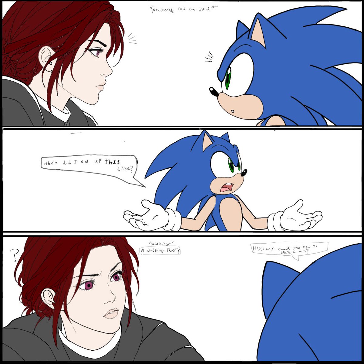 ChloeTheHermit's tweet photo. Okay I’m trying not to just immediately delete this.
I wanted to draw something for sonic’s 35th but also wanted to get an idea out of my head.

My Drifter from Warframe meeting Sonic in the void or something. 
Not good with colours so I just used the ibisPaint bucket thingy. https://t.co/0jcmtRvzaL