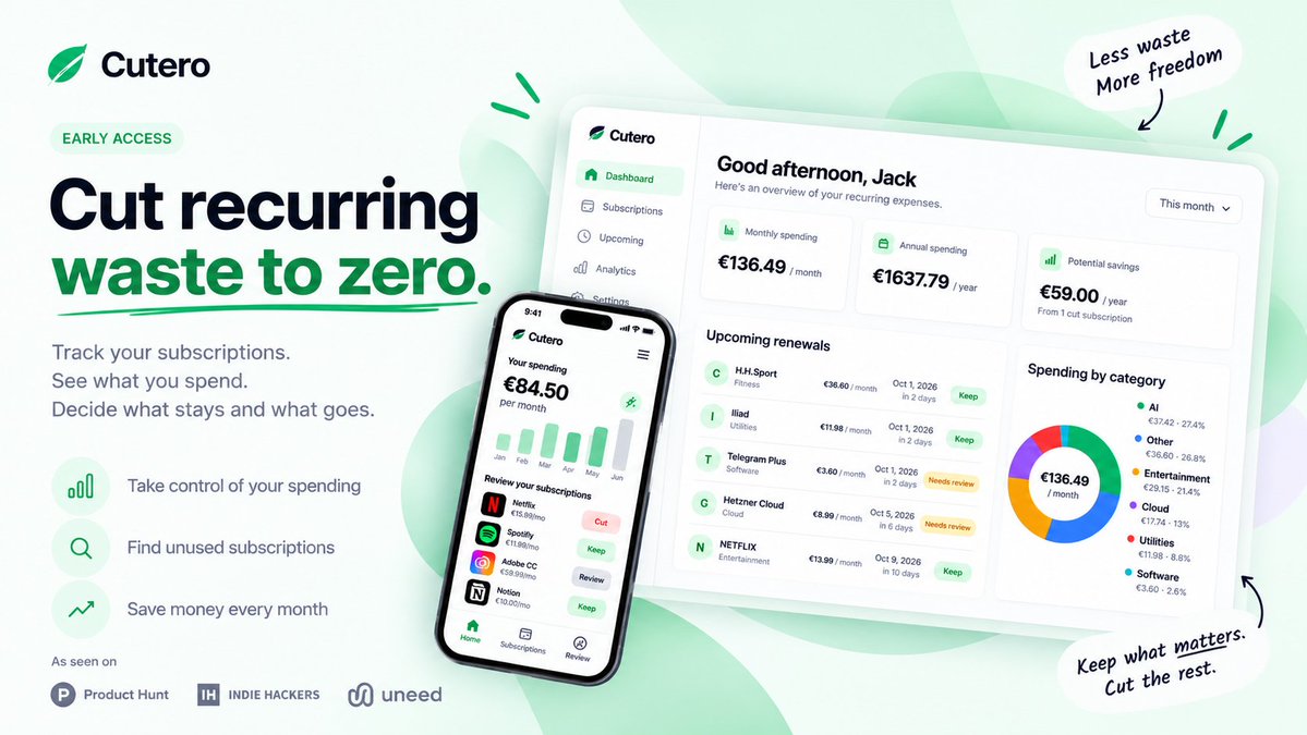 jacopopenazzi's tweet photo. How many subscriptions are you paying for right now?

And how many do you actually use?

I built Cutero around one simple workflow:

Track → Review → KEEP ✅ or CUT ✂️

Early Access is live 🚀

https://t.co/7oSR2p6gB8 https://t.co/RgjUpGWGvk