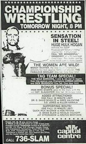 rasslerama's tweet photo. WWF @ Capital Centre - September 29, 1984
Ken Patera beat Rick McGraw
Wild Samoans beat Tag Champs Adrian Adonis &amp; Dick Murdoch by dq
Womens Champ Wendi Richter beat Fabulous Moolah
Sgt. Slaughter beat Iron Mike Sharpe
WWF Champ Hulk Hogan beat Paul Orndorff in a steel cage match https://t.co/zJHQwnJ1Vh