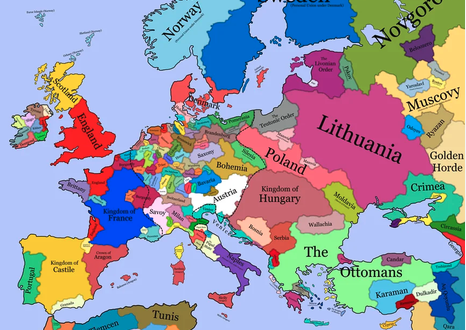 SunifredUrg's tweet photo. @deivtqm @pancatalanisme Les fronteres canvien molt al llarg dels segles... goita el 1444.  Hongria, Lituània, Austria, Crimea...

Excepte Portugal... tota la resta són pedaços de pedaços.

I lo pitjor, ens enxufen Aragó per culpa de tenir ja aleshores un Trastàmara. https://t.co/EbsiN24Ike