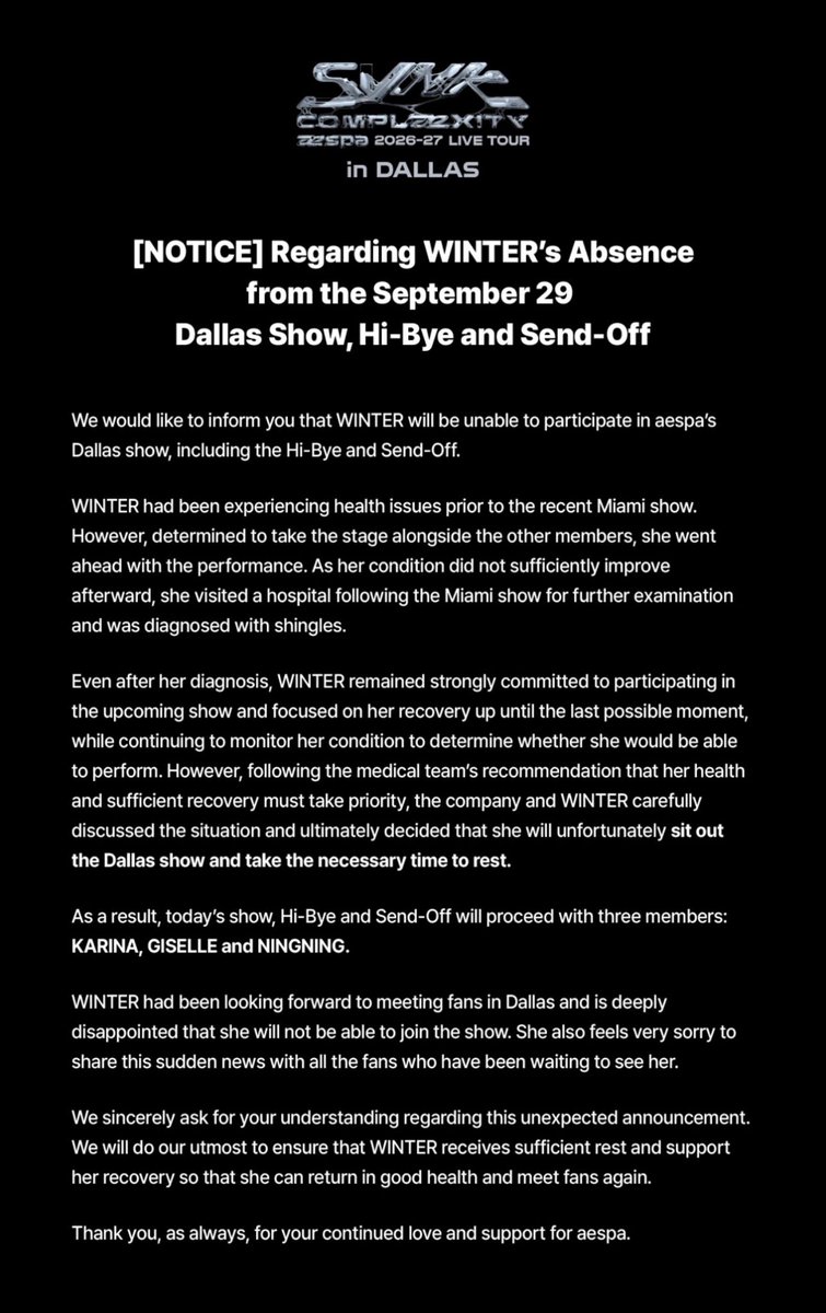 icurina's tweet photo. winter wont be joining the dallas show due to health issue get well soon ☹️ https://t.co/JOmyR4oAEf