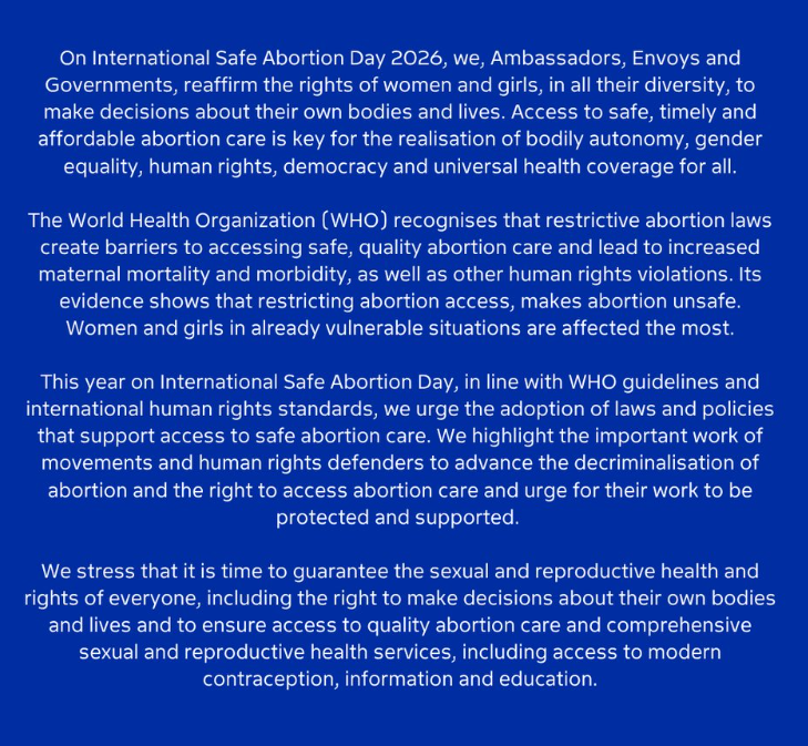 ESandersFCDO's tweet photo. On #InternationalSafeAbortionDay 🇬🇧 &amp; partners reaffirmed the importance of access to safe, timely &amp; affordable abortion care to advance gender equality &amp; protect human rights. Read our joint statement 🇩🇰🇪🇪🇫🇮🇫🇷🇮🇸🇱🇹🇱🇺🇳🇱🇳🇴🇪🇸🇸🇪🇬🇧 https://t.co/xNyUU54hVA