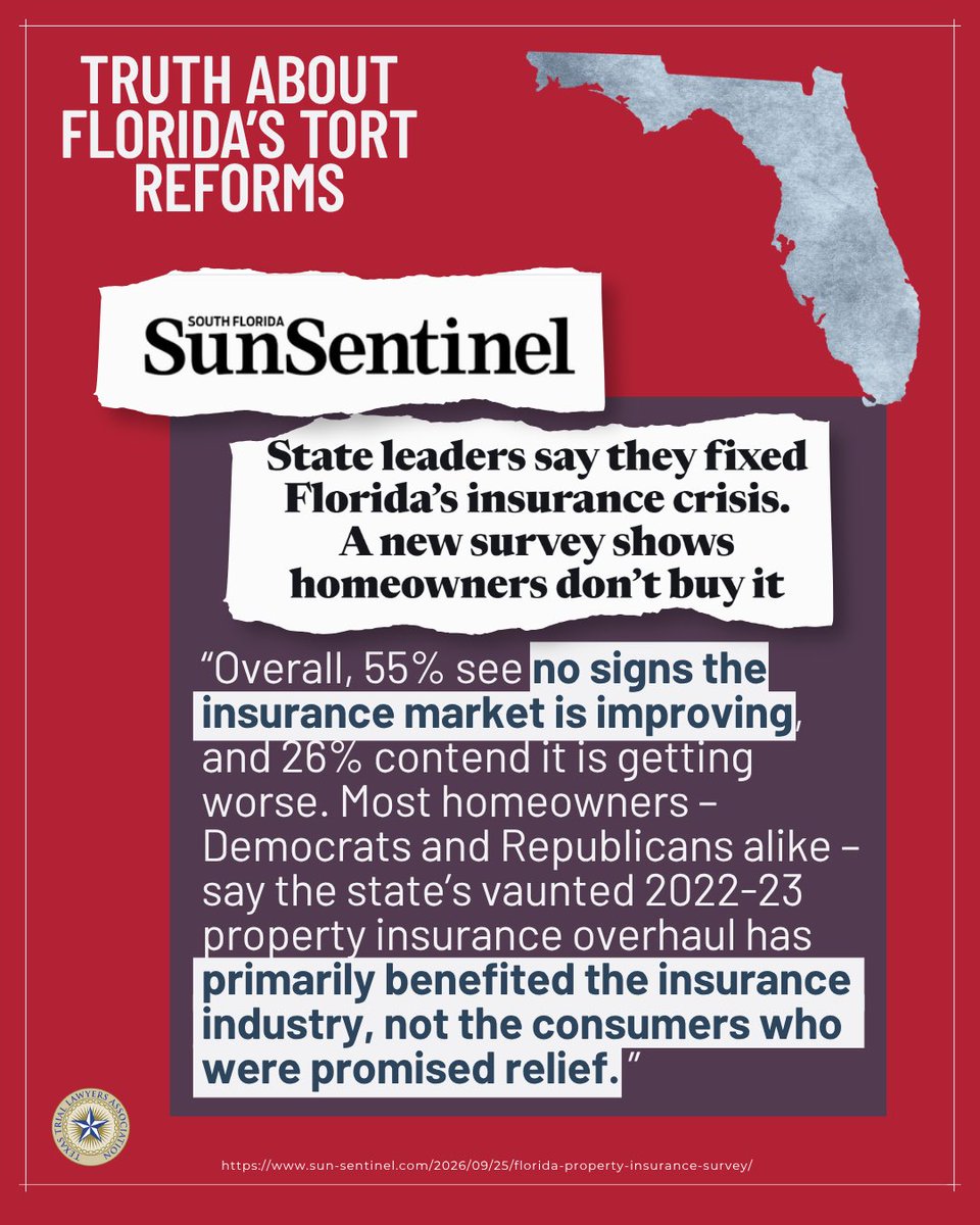TTLA_'s tweet photo. “All I can see is it’s helped the insurance companies.”

Just as we have seen in Texas for the last 30 years, Floridians are learning the truth about tort reform — it helps greedy insurance companies at the expense of ordinary families. 

And yet, corporate interest groups are back pushing for more. Texans can't afford it. 

Read the full report from the @SunSentinel here: https://t.co/XdIbyQ1HBK