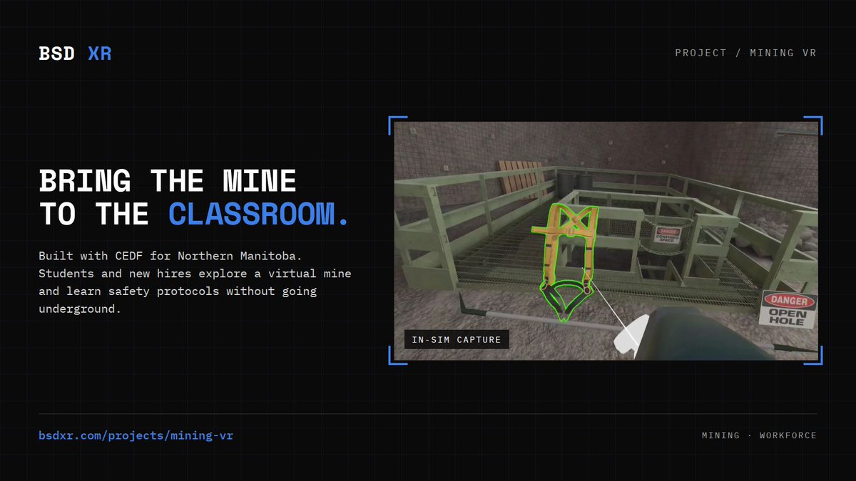 BitSpaceDevelop's tweet photo. You can't take a high school class into an underground mine, so we brought the mine to them. Mining VR, built with CEDF, gives Northern Manitoba students and new hires a risk-free look at mining careers. https://t.co/zrIQWiVMsL #Mining https://t.co/lpmMG4cTq0