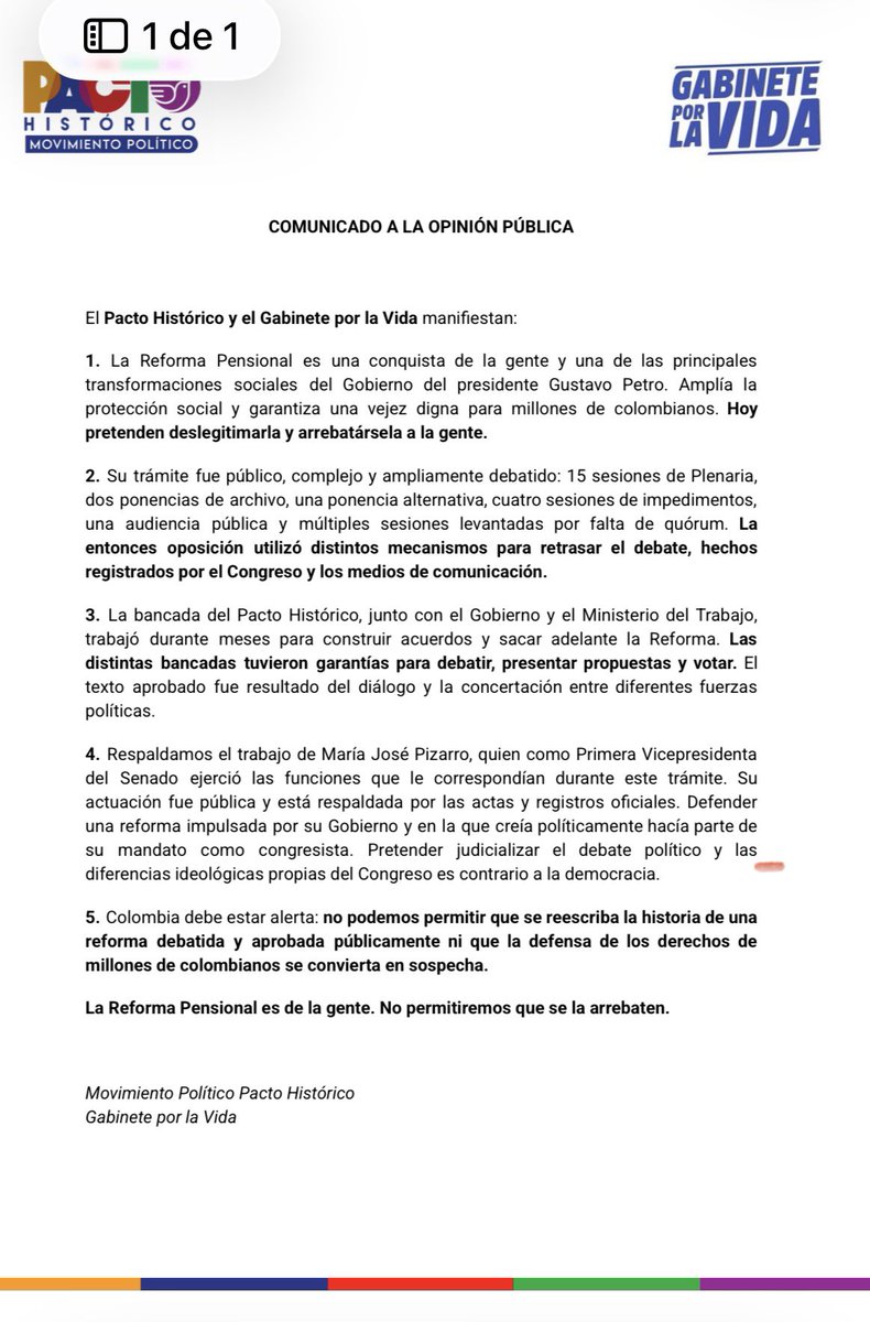 PizarroMariaJo's tweet photo. ¿Acaso los periodistas leyeron el fallo donde me mencionan 85 veces y se percataron que dichas menciones están en el marco legal y constitucional de mis funciones como vicepresidenta del Senado? 

Ya vemos que no. Y que otros se limitaron simplemente a replicar la misma narrativa incriminatoria sin revisar el contenido de la decisión. 

La estrategia está clara:

Un titular llamativo desde un medio para criminalizar, que luego replican bodegas de derecha y supuestos “periodistas” para reforzar la narrativa. Todo esto, sin pruebas y a partir de acusaciones falsas.

Pero Colombia no es tonta. No le van a arrebatar la Reforma Pensional a la gente, nosotros defenderemos los logros del gobierno del cambio. Para defender mis principios jamás necesitaré vender mi conciencia. 

Mi respuesta es a Colombia: altura en el debate, rigor y rectitud en mi actuación. Quienes quieran criminalizar, están buscando en el lugar equivocado. Yo seguiré defendiendo los derechos de la gente y dando la pelea con la verdad y de frente.