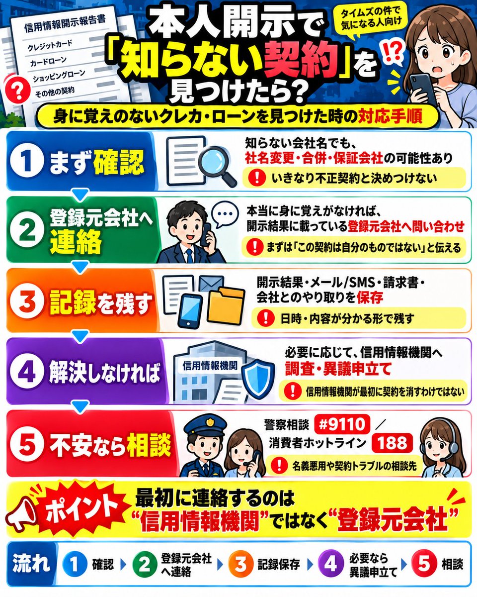 toripidan's tweet photo. 本人開示して、もし
「身に覚えのないクレカやローン」
が出てきたらどうする？
タイムズの件でここまで調べたら、次に気になったのがこれ。
どこに連絡する？警察は？信用情報は消せる？
順番に整理します👇 https://t.co/unCidCiqg6