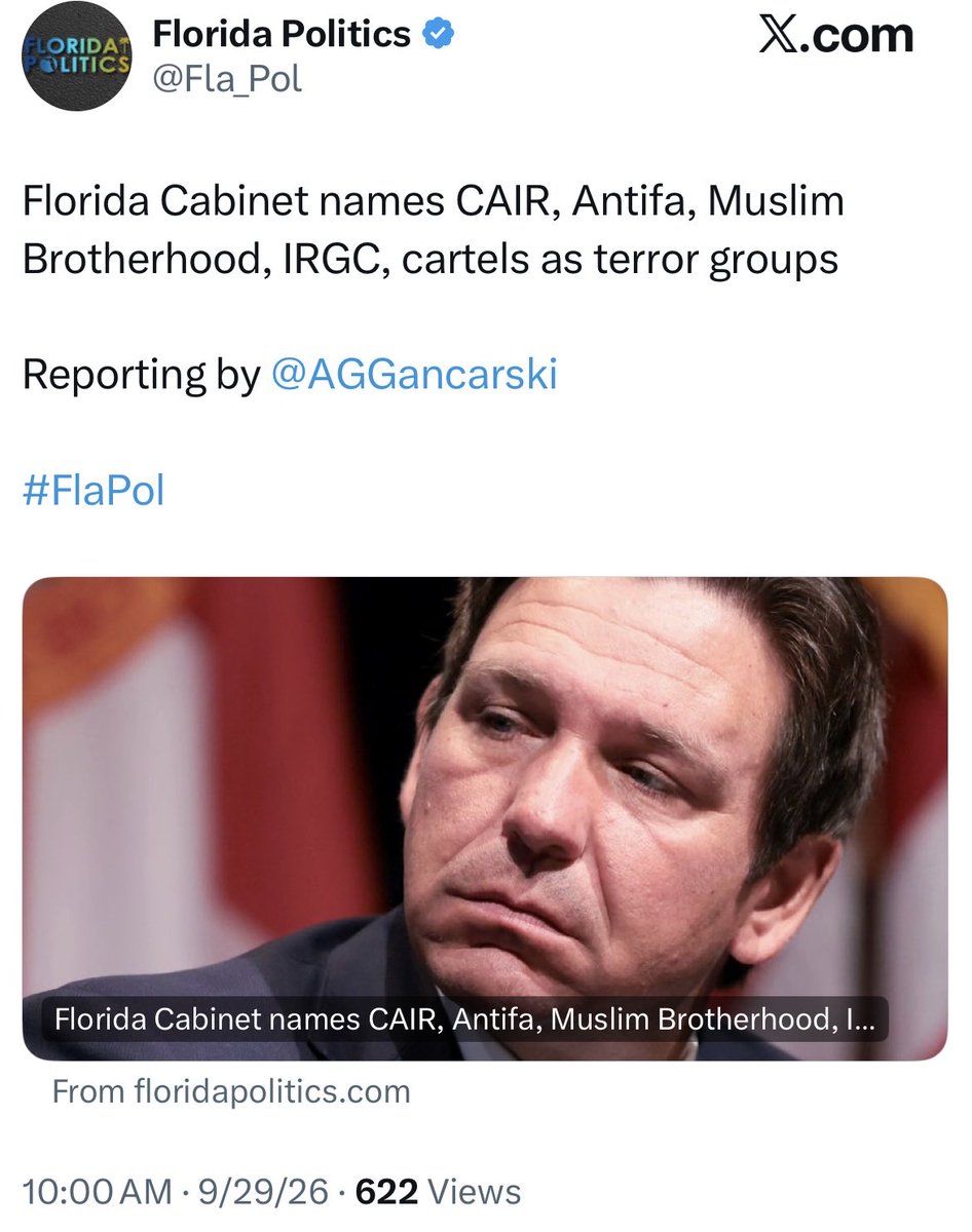 RonDeSantis's tweet photo. Today we officially designated the Muslim Brotherhood, CAIR and Antifa as terrorist organizations per the anti-sharia law signed earlier this year. https://t.co/qIZRIFa7au