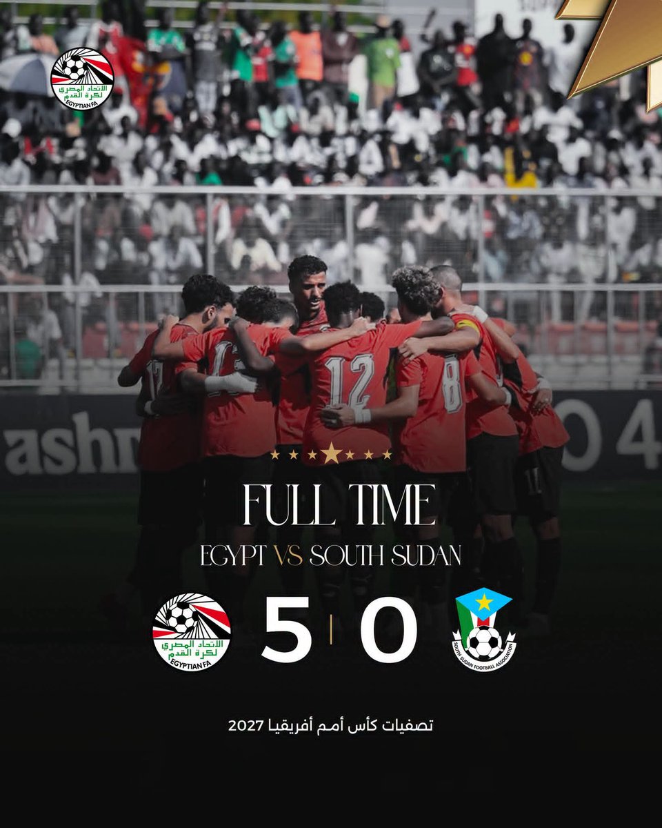 ahlysportnews's tweet photo. ⏱️ نهاية المباراة 🇪🇬

منتخب مصر يحقق فوزًا كبيرًا على جنوب السودان بنتيجة 5-0 

 عمر مرموش يسجل هدفين بعد غياب عن التسجيل، وحمزة عبد الكريم أول أهدافه الدولية بقميص منتخب مصر. 🇪🇬💪

📌 الفراعنة يرفعون رصيدهم إلى 4 نقاط. https://t.co/JIRiMSTdQf