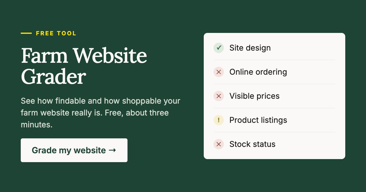 LocalLineInc's tweet photo. Is your farm website doing its job?

Our free Farm Website Grader scans your site the way a customer does. Can they find you, and once they're there, can they actually buy from you?

Free. About three minutes. Report lands in your inbox.

👉 https://t.co/QNeY2JMXnb https://t.co/hMEsSQFzFf
