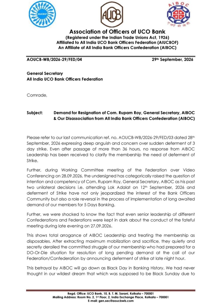 bankaffairs's tweet photo. UCO Bank officers (AOUCB-WB) demand AIBOC GS Rupam Roy’s resignation and immediate exit from AIBOC.

They call the last-minute strike deferment a betrayal of the 5-day banking struggle.

@UCOBankOfficial @aiboc_in https://t.co/0a8xTxD83c