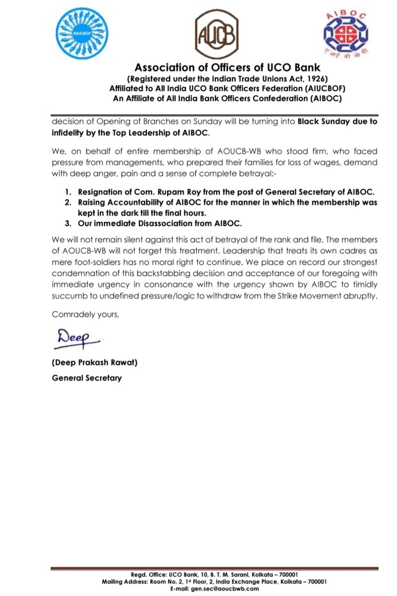 bankaffairs's tweet photo. UCO Bank officers (AOUCB-WB) demand AIBOC GS Rupam Roy’s resignation and immediate exit from AIBOC.

They call the last-minute strike deferment a betrayal of the 5-day banking struggle.

@UCOBankOfficial @aiboc_in https://t.co/0a8xTxD83c