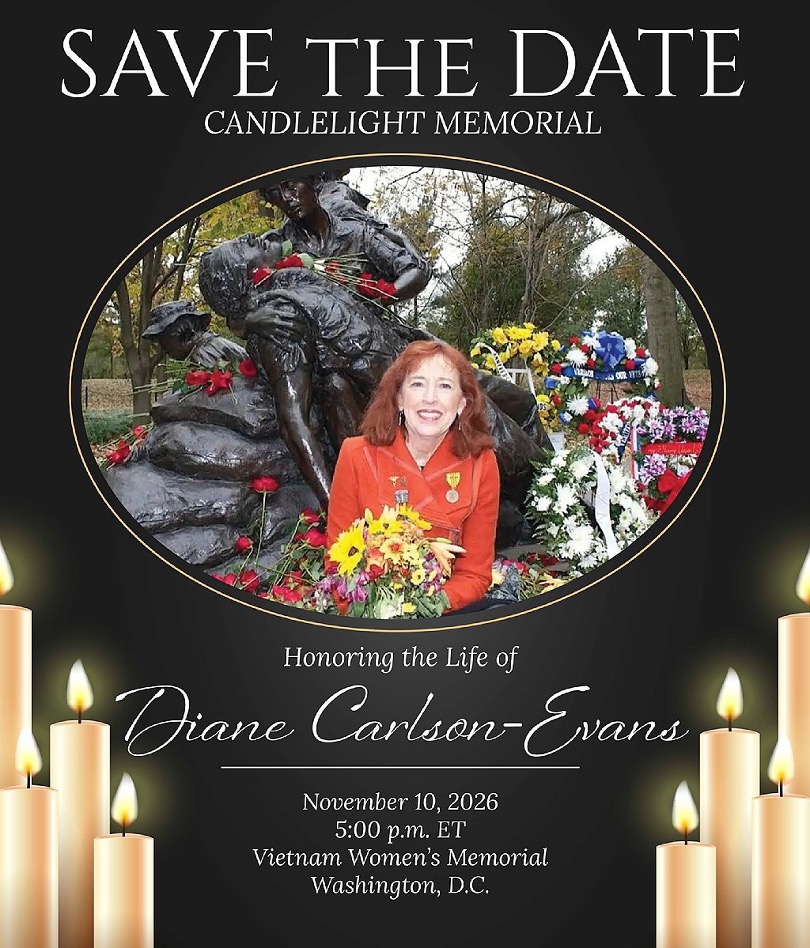 VVMF's tweet photo. Save the Date
Candlelight Memorial: Honoring the Life of Diane Carlson-Evans
November 10, 2026
5:00 pm ET
Vietnam Women's Memorial, Washington, DC https://t.co/hcNCI9K7Yy