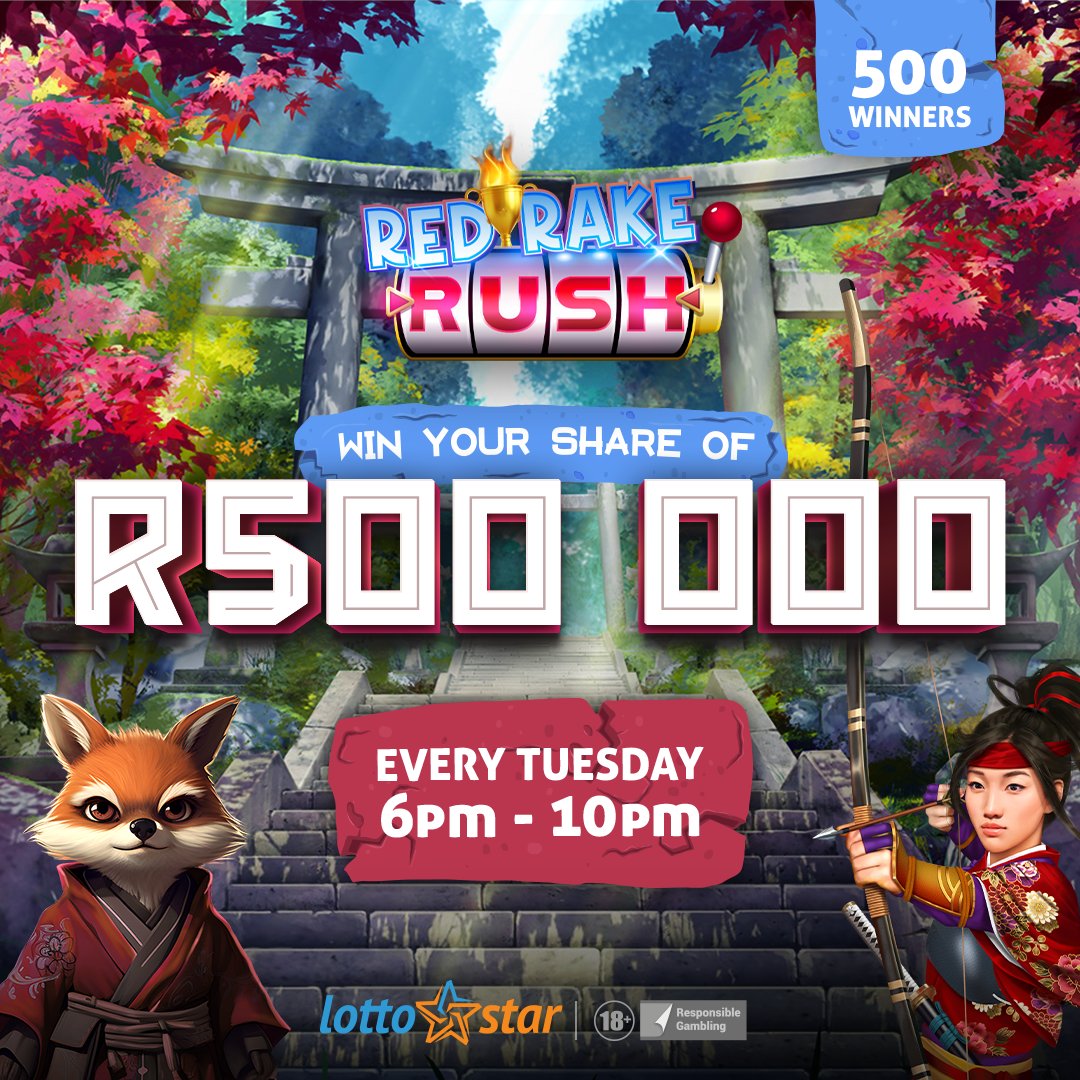Lotto_Star's tweet photo. If fun had a happy hour, this would be it ๐ฅณ.
Spin the slots in our Red Rake Rush Tournament tonight from 6-10 PM!
500 winners and R500,000 are waiting to be won โ no minimum bet required.
#LottoStar #YourWorldofLiveGames #RedRakeRush https://t.co/69Pos45z5P
