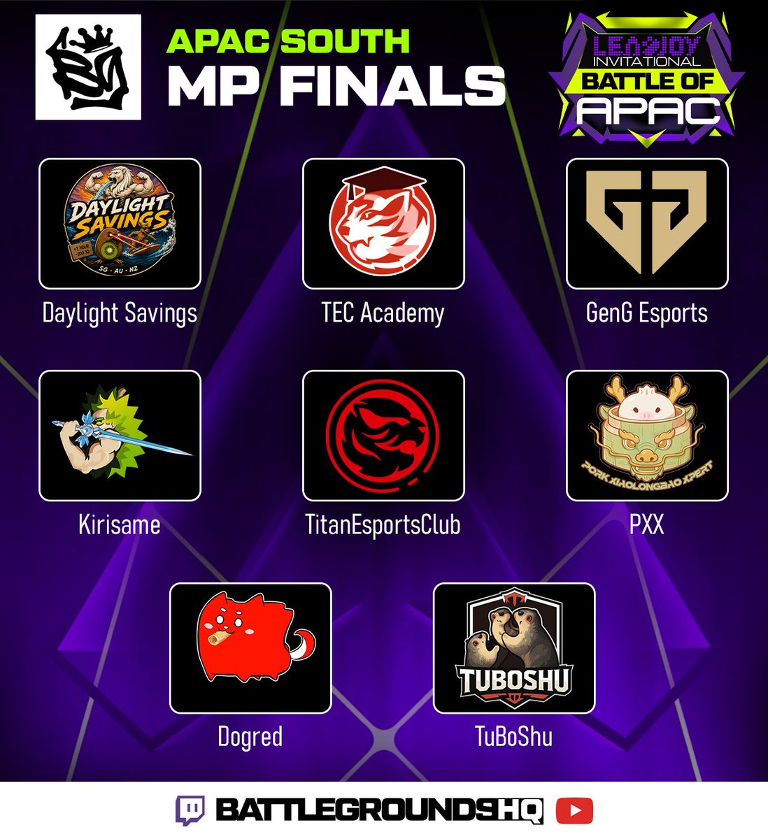 BattlegroundOCE's tweet photo. APAC South Qualifiers are over!

👇Here are your qualified teams below 👇

See you all tomorrow at 7pm SGT for APAC North qualifiers!

Where to find us:
🟣 https://t.co/kmU5ESQz9Z
🔴https://t.co/CeQjnTfgls https://t.co/pfqgC0eqKr