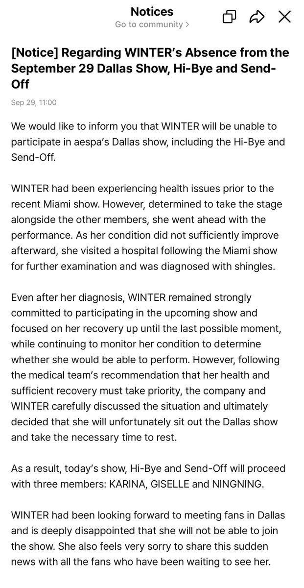 wntrult's tweet photo. SM Entertainment has announced that aespa WINTER will not participate in SYNK : COMPLaeXITY in Dallas show, Hi-Bye, and Send-Off due to health related issues. 

As a result, today’s show, Hi-Bye and Send-Off will proceed with three members: KARINA, GISELLE and NINGNING. https://t.co/cXNhkQMNiR