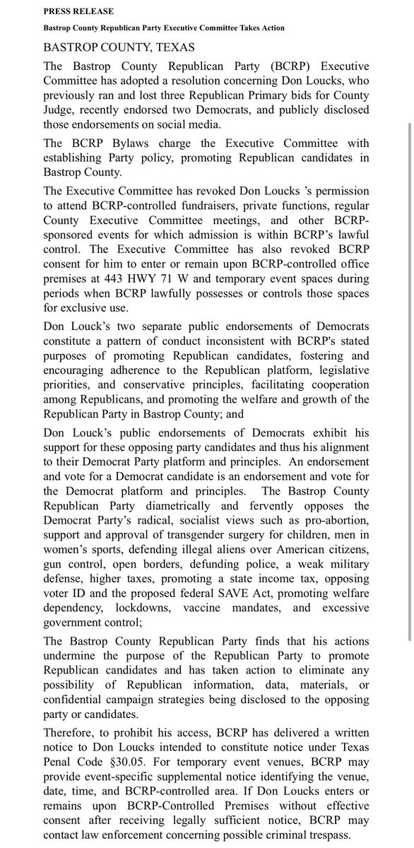 bwaltens's tweet photo. Inbox: @BastropCtyGOP has banned a former three-time GOP candidate for county judge from party meetings, fundraisers, events, and offices after he endorsed 2 Democrats.

The party says Don Loucks could face criminal trespass charges if he enters BCRP-controlled property. https://t.co/Mw3Ws3qNL3