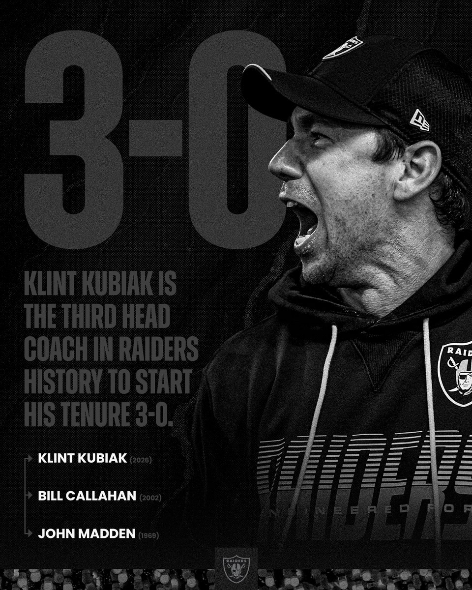 Raiders's tweet photo. Adding to the lore 🔮

Klint Kubiak is the third head coach in franchise history to start his tenure 3-0

Read more Numbers to Know ➡️ https://t.co/t3cBqezoRI https://t.co/7Au4p2I98Z
