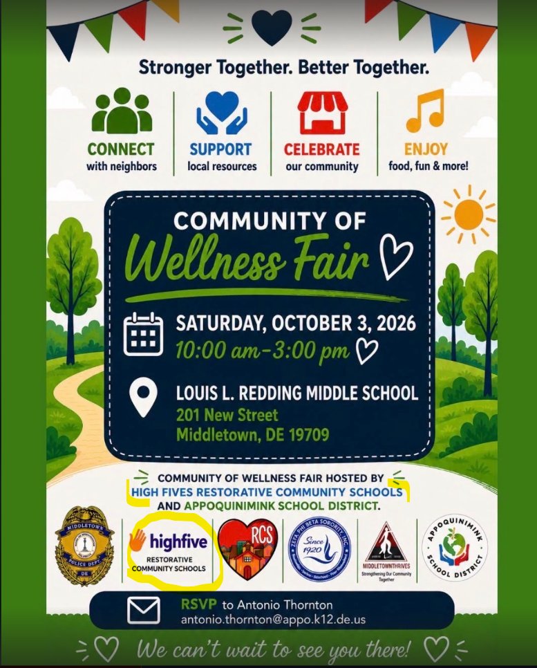 HighFiveK12's tweet photo. Join us at the annual Community of Wellness Fair hosted by the Restorative Community Schools / Highfive team and Appoquinimink School District!

Saturday, October 3 | 10 a.m.–3 p.m.Louis L. Redding Middle School, Middletown, DE

See you there!

#CommunityWellness #Highfive https://t.co/XdFwodHqDg