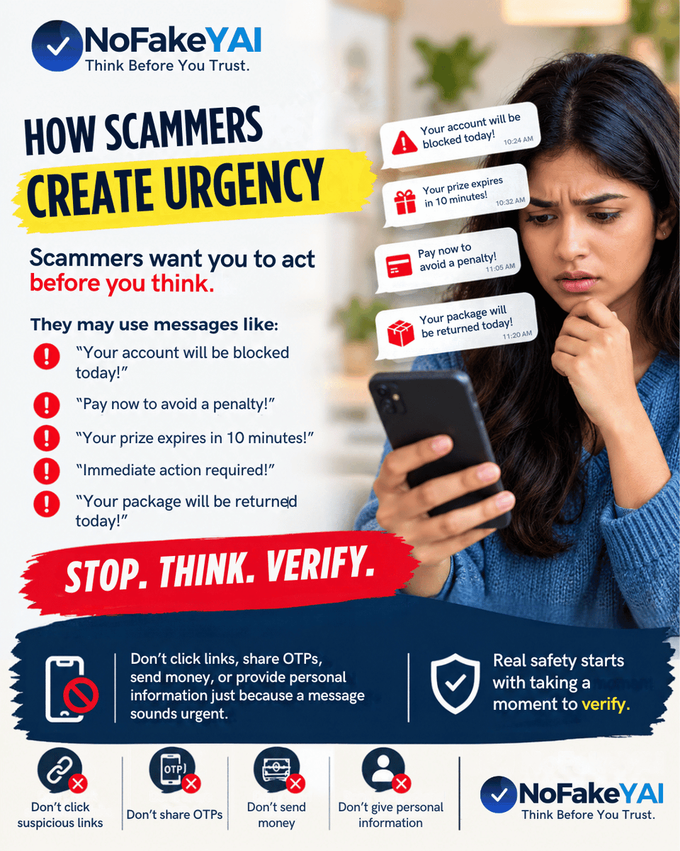 nofakey_ai's tweet photo. Scammers create urgency to make you panic and act without thinking.

“Act now!” “Pay immediately!” “Your account will be blocked!”

Stop. Think. Verify. Take a moment before clicking, paying, or sharing personal information.

#NoFakeYAI #ScamAlert #ScamAwareness  #CyberSecurity https://t.co/OsdIA8Wtew