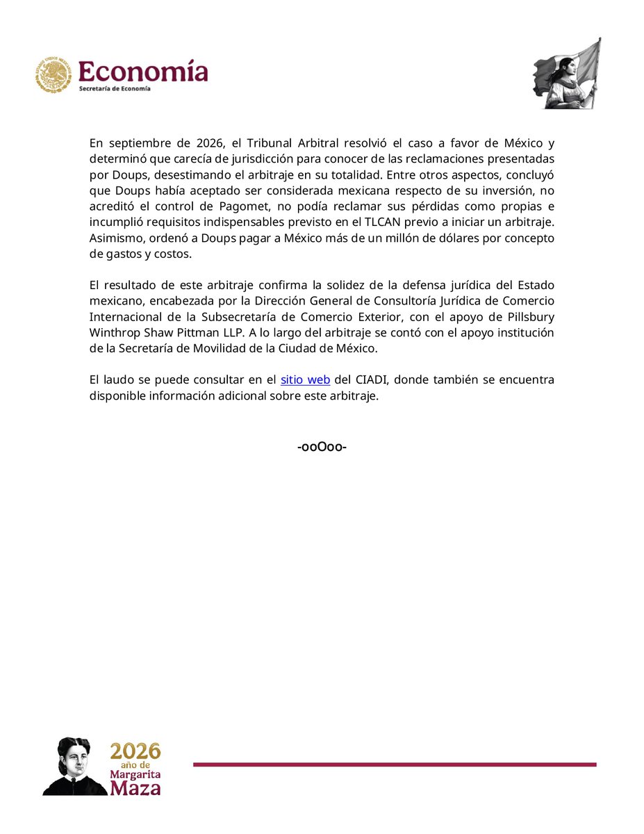 SE_mx's tweet photo. #ComunicadoEconomía 🗞️

México gana arbitraje internacional ante el CIADI, con lo que quedó desestimada una reclamación millonaria iniciada en contra del país

🔗 https://t.co/7jnToV5Wh9 https://t.co/CbwSgsRQPz