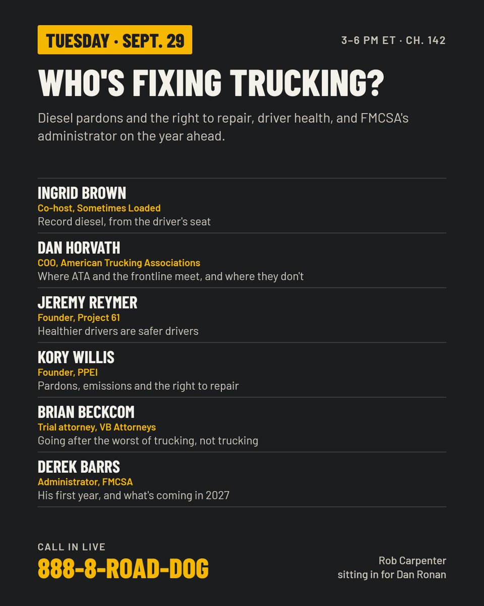 RobCarpenter's tweet photo. Today on @SIRIUSXM call in and we'll get your questions. Yall are going to love thes, especially the second one. 

👉My side kick the great @IngridBrown803 is with us again.
👉What's next for the ATA and Dan Horvath on finding commonground in trucking. 
👉Jeremy Reymer with PROJECT 61 and Driver Wellness. 
👉Kory Willis of PPEI is coming on and we're going to talk pardons, emissions, and black smoke.
👉Texas' best Plaintiff Attorney Brian Beckom is coming on to talk bad actors wrecking the industry for the best carriers.
👉Closing out with the best for last, @FMCSA and Adminstrator @BarrsDerek to talk @CVSA wrap up, how we wrap up 2026, his first year Anniversary, and where we're going for 2027.