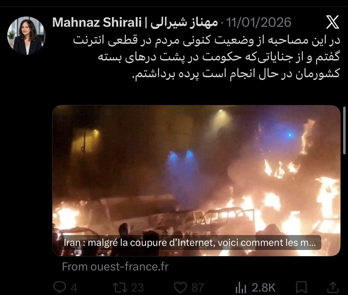 soheil7and's tweet photo. پس چرا کاملش را نگذاشتی؟ این پست من در جواب نماینده‌ایست که می‌گوید از تغییر رژیمی که حامیانش حامی نسل‌کشی هستند (منظورش فلسطینی‌هاست) حمایت نمی‌کند. در حالی که نسل‌کشی ایرانیان از روزی که ایران در سال ۵۷ اشغال شد شروع شده و دنیا هر بار چشمش را روی ما بسته. اینترنت تا هفته‌ها بعد قطع بود و هنوز هم با اینکه ماه‌ها گذشته باز کسی از حجم واقعی کشتار در آن دو روز باخبر نیست. نهاد مستقل و سالمی در ایران وجود ندارد که تعداد دقیق کشته‌شده‌ها را به ما بگوید. اولین خبری که از تعداد کشته‌شده‌ها در آن دو روز بیرون آمد ۳،۴ روز بعد از ۱۸ دی بود که تعداد کشته‌شده‌ها را ۱۲۰۰۰ تخمین میزد. همان زمان دوست شما خانم شیرالی مقاله‌ای که پیوست شده را منتشر کرده بود که تعداد کشته‌شده‌ها را ۱۹۲ نفر می‌دانست. همین امروز هم کسی نمی‌داند ۵۰هزار کشته داشتیم، ۷۰هزار، ۱۰۰هزار یا ۲۰۰هزار و بیشتر. شما خیال کرده‌اید «همه» فراموشکارند و می‌توانید تاریخ زیسته ما را تحریف کنید؛ زهی خیال باطل.