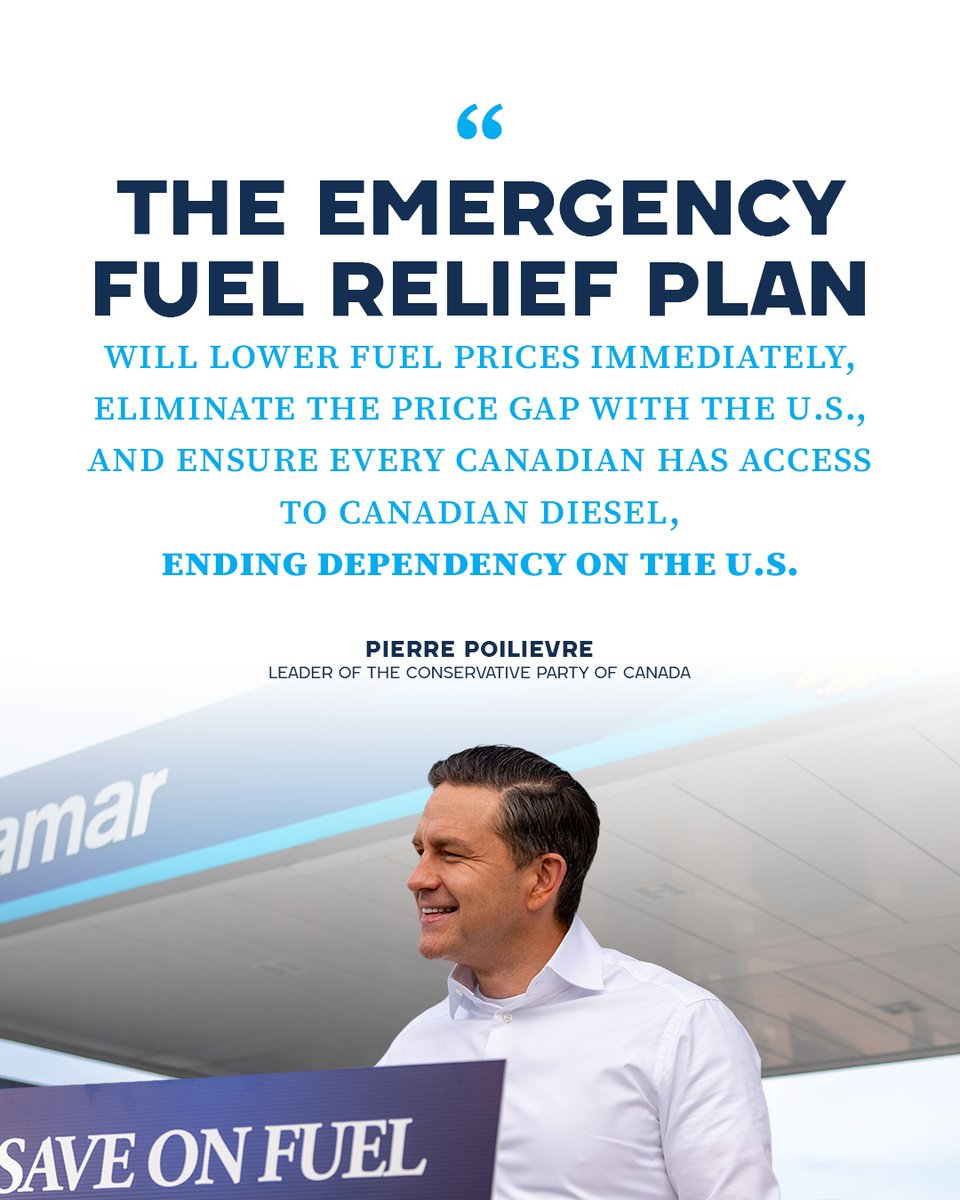 PierrePoilievre's tweet photo. The Conservative Emergency Fuel Relief Plan will increase production of diesel and other refined fuels to 1 million barrels per day within 5 years.

Sign to cut taxes on diesel, remove barriers to new refining infrastructure, increase Canadian fuel production, and save you money: https://t.co/RVjI1sFTpx