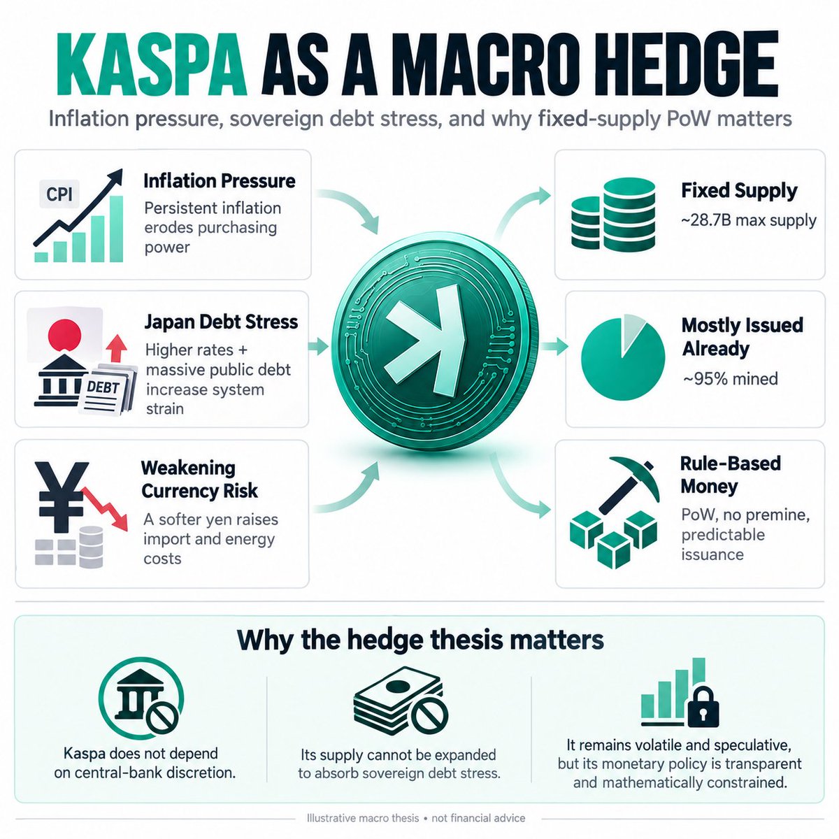 BankQuote's tweet photo. Kaspa is becoming increasingly interesting as a monetary hedge because the macro problem is no longer simply “inflation is high.” It is that the mechanisms governments and central banks use to control inflation are beginning to collide with enormous debt loads. U.S. CPI is running at 3.4% year over year, producer prices are rising faster, Treasury yields have pushed above 5%, and higher energy costs are feeding another wave of inflationary pressure. Japan may be the clearest warning of what this transition looks like. After decades of near-zero rates, the Bank of Japan has pushed its policy rate to 1.25%, while Japan’s 10-year government bond yield has climbed above 3%, around its highest level in three decades. The problem is that Japan also carries gross public debt above 200% of GDP, meaning normalization eventually translates into substantially higher debt-service costs. A weakening yen adds another feedback loop by making imported energy and commodities more expensive. This creates an uncomfortable monetary equation: tolerate inflation and currency depreciation, or tighten aggressively and increase pressure on debt, credit, and economic growth. Kaspa exists outside that equation. Roughly 95% of its eventual supply has already been mined, its issuance declines predictably, its approximate 28.7 billion KAS supply cannot be expanded because policymakers need cheaper financing, and there was no premine or allocation that can be quietly diluted into the market. Its proof-of-work monetary policy is enforced by protocol rather than discretion. That does not make Kaspa a low-volatility safe haven; it remains a speculative asset capable of severe drawdowns. The hedge thesis is different: Kaspa is a scarce, globally transferable monetary asset whose supply schedule does not change when sovereign debt markets become stressed. If the coming decade becomes a struggle between inflation, currency debasement, and unsustainable borrowing costs, mathematically constrained proof-of-work assets become increasingly difficult to ignore.