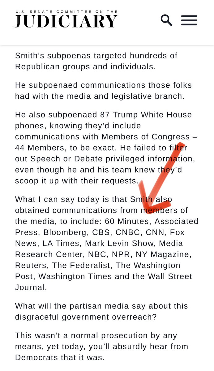 C__Herridge's tweet photo. JACK SMITH: UNEXPECTED HEADLINE

- In addition to issuing subpoenas for 87 Trump White House phones which would capture communications with 44 Members of Congress

@ChuckGrassley told the hearing Smith obtained communications from at least 18 media outlets: 

- 60 Minutes, Associated Press, Bloomberg, CBS, CNBC, CNN, Fox News, LA Times, Mark Levin Show, Media Research Center, NBC, NPR, NY Magazine, Reuters, The Federalist, The Washington Post, Washington Times and the Wall Street Journal.

-Collection of media records is no small matter and may get not break through in the coverage
- Smith critics say it is more evidence of 'government overreach'