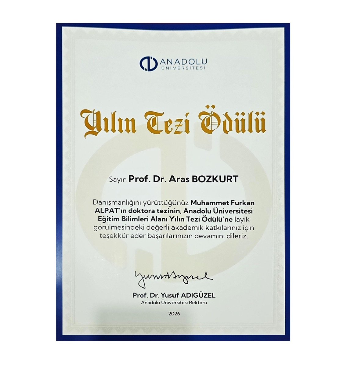 arasbozkurt's tweet photo. Anadolu Üniversitesi Yılın Tezi Ödülü'nü, doktora öğrencim ve İbni Haldun Üniversitesi Dr. Öğr. Üyesi Muhammet Furkan Alpat ile birlikte aldık. Birbirimizden öğrendiğimiz bu ilham verici yolculuk için teşekkürler! Birlikte daha nice başarılara
@furkanalpat https://t.co/qU6PocPHeh