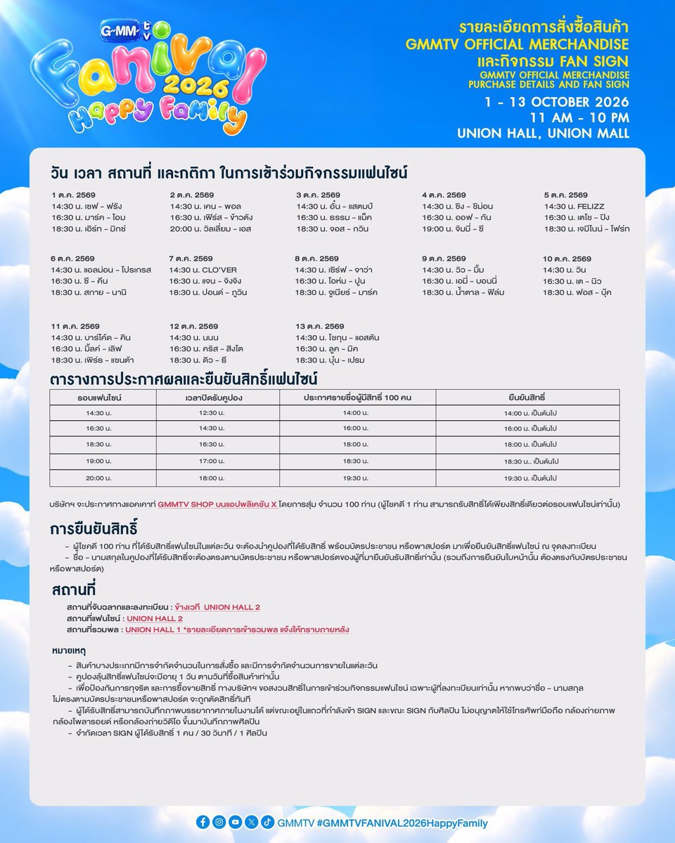 photobyyamed's tweet photo. #GMMTVFANIVAL2026HappyFamily #ปอนด์ภูวินทร์
ตารางวันที่ 07/10/2026

10:00-10.45 : คนได้สิทธิ์ 300 คิวแรกลงทะเบียน ที่ Union Co-Event Park (ลานด้านหน้าศูนย์การค้า)
11:00 : Walk-in คิว 301
11:00-18:00 : ลงทะเบียนรวมพล บริเวณด้านหน้า Hall 1
12:00 : #permpoon Parade
16:30 : ปิดรับคูปองไซน์
18:00 : ประกาศชื่อ 100 คน
             : เริ่มลงทะเบียนรับริสแบนด์สำรองกรณีที่นั่งไม่เต็ม
18:30 : ไซน์ on stage Union Hall 2
19:30 : เข้าพื้นที่รวมพล Union Hall 1
20:00 : รวมพล Union Hall 1