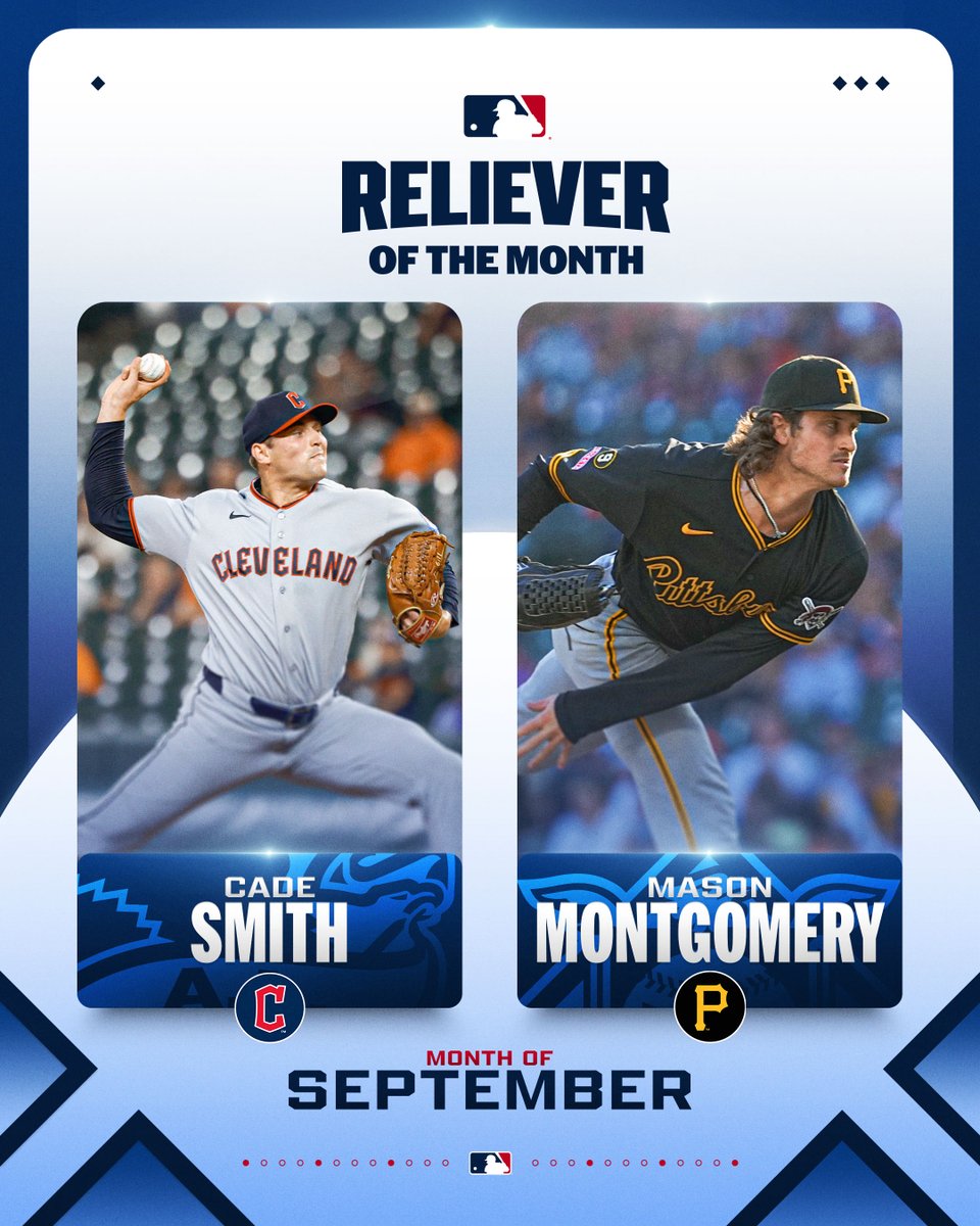 Your AL and NL Relievers of the Month for September:

Cade Smith: 13.0 IP, 21 Ks, 0.00 ERA, 6 saves
Mason Montgomery: 13.0 IP, 16 Ks, 2.08 ERA, 11 saves 
 [📷](