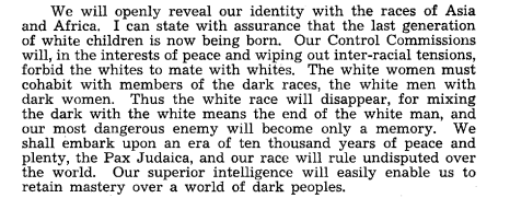 bravewhitebooks's tweet photo. "The last generation of White children is now being born ... forbid the Whites to mate with Whites ... and our most dangerous enemy will become only a memory ... [for] us to retain mastery over a world of dark peoples."

-Emanuel Rabinovich, 1952

Source: https://t.co/Zh1EqjTZSm https://t.co/sjC28XfEAn