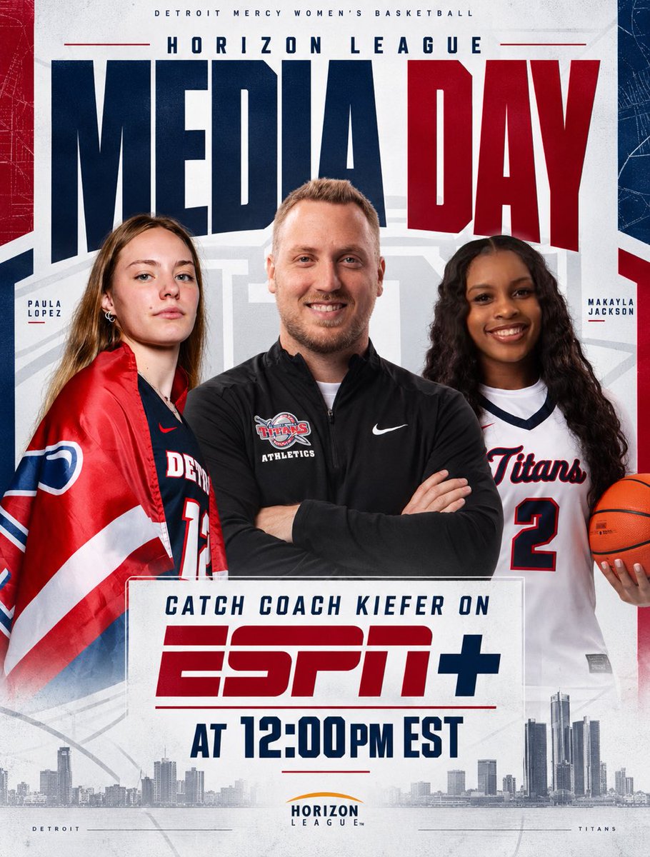 Detroit_WBB's tweet photo. Catch Makayla Jackson, Paula Lopez, & Coach Kiefer today on ESPN+ during Horizon League Media Day.
The Titans will be on at 12:00pm EST
#GoTitans #detroitmercywbb https://t.co/PuVZvUEedO