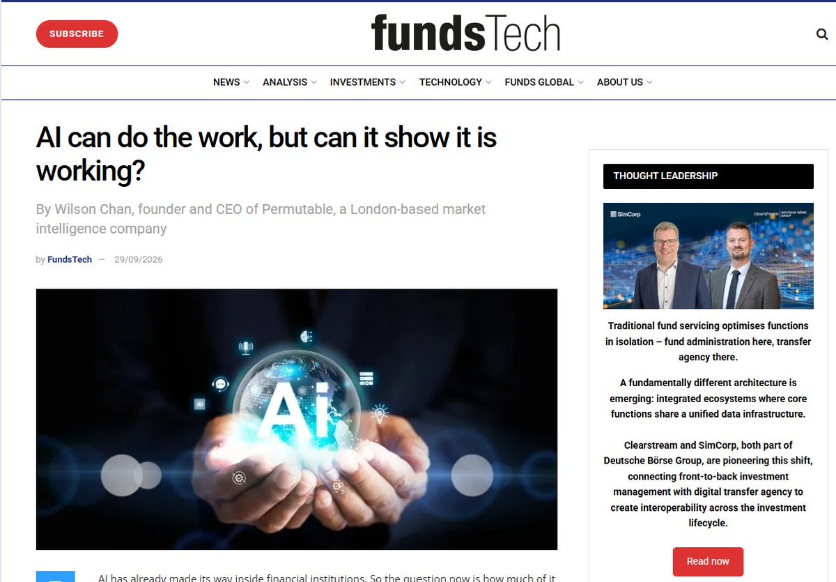 PermutableAI's tweet photo. Great to see our CEO and Founder over on @FundsTech in his latest OpEd "AI can do the work, but can it show it is working?"

Worth a read here:  https://t.co/lM3L4U2Xz3

#AI #investing #markets #AIinfinance https://t.co/Lv22m8GOfy