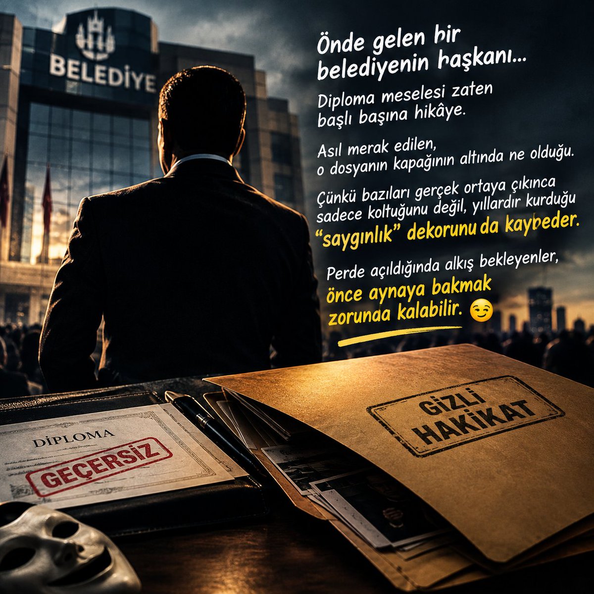 senolaslan_1's tweet photo. Bir de ülkenin önde gelen ilçe belediyelerinden birinin başkanı varmış; diploması geçersiz, hikâyesi gizli…O kutunun kapağı bir gün açılırsa, yıllardır özenle cilaladığı imajın altında ne sakladığı ortaya çıkacak ve biriktirdikleri, rezaletin fon müziğine dönüşecekmiş. https://t.co/8njC6y17EP