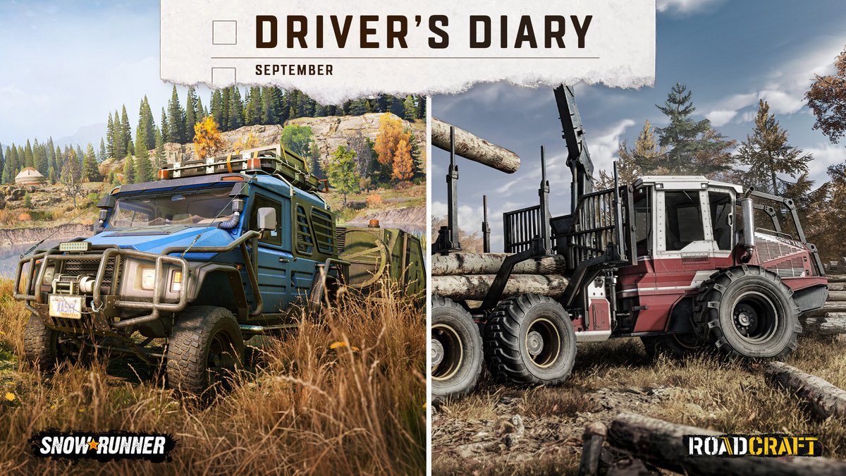 PlaySnowRunner's tweet photo. The September Driver’s Diary is here! 🍂

❄️ SnowRunner: Season 19 - Research &amp; Restore is coming this October and is now on the PTS.
🏗️ RoadCraft: Update 7.2 recap + Expansion 3 - Foundations on the PTS.

Read more here: https://t.co/o1iRGY9bab https://t.co/BTkfJCHHyA