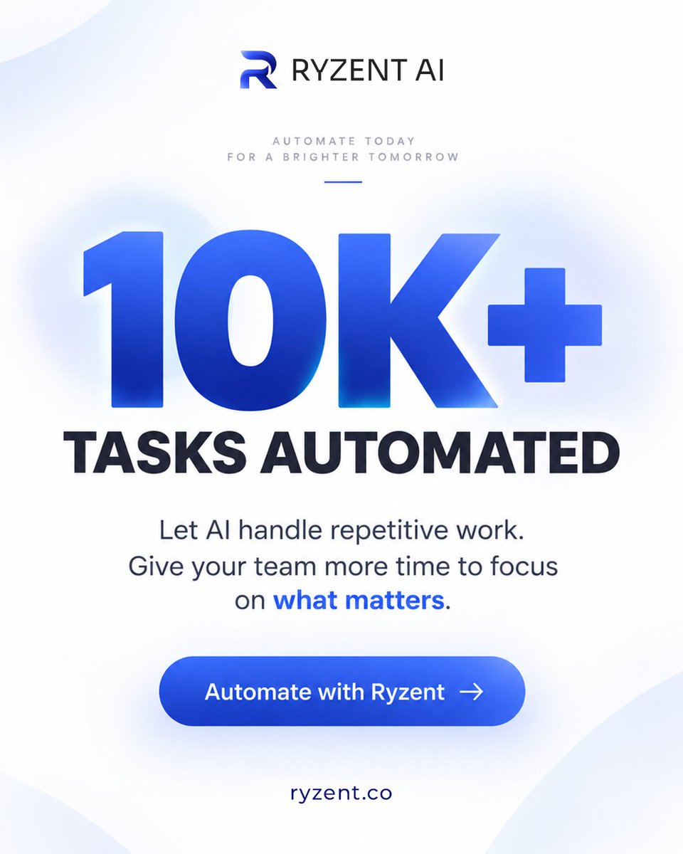 siaryzent's tweet photo. Let AI handle the repetitive work. Give your team the time to focus on what truly matters.   
⚡ 10K+ Tasks Automated   
⚡ Zero friction. 
Maximum efficiency.Automate today for a brighter tomorrow with Ryzent AI.   
🔗 Get started at https://t.co/KgZKDICMN9 https://t.co/ZxZcyjqcqf