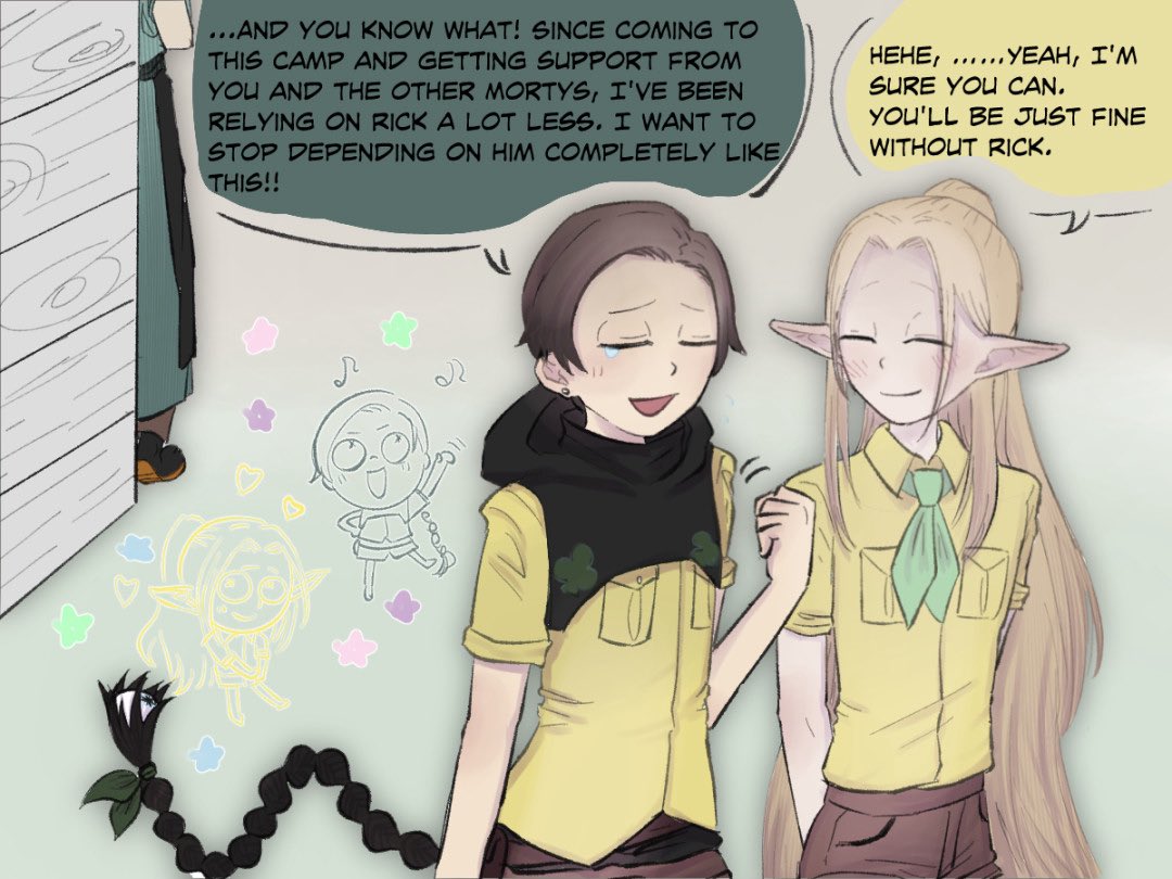22kin_c137's tweet photo. Looks like elf morty and Braid Morty (N-222) are hanging out together! 🧝🏻‍♀️♣️🏕️
But... who is that watching from behind？

elf Morty belongs to [ @Dona__S2 ]

#mortysummercamp #ramoc https://t.co/4xb9iQ7lff