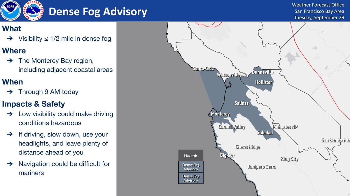 NWSBayArea's tweet photo. ⚠️ DENSE FOG ADVISORY: Now through 9 AM today ⚠️

A dense fog advisory has been issued through 9 AM for the Monterey Bay Region and Northern Salinas Valley. Visibilities will be less than one half mile in dense fog. #cawx https://t.co/6ZjCRAB15O