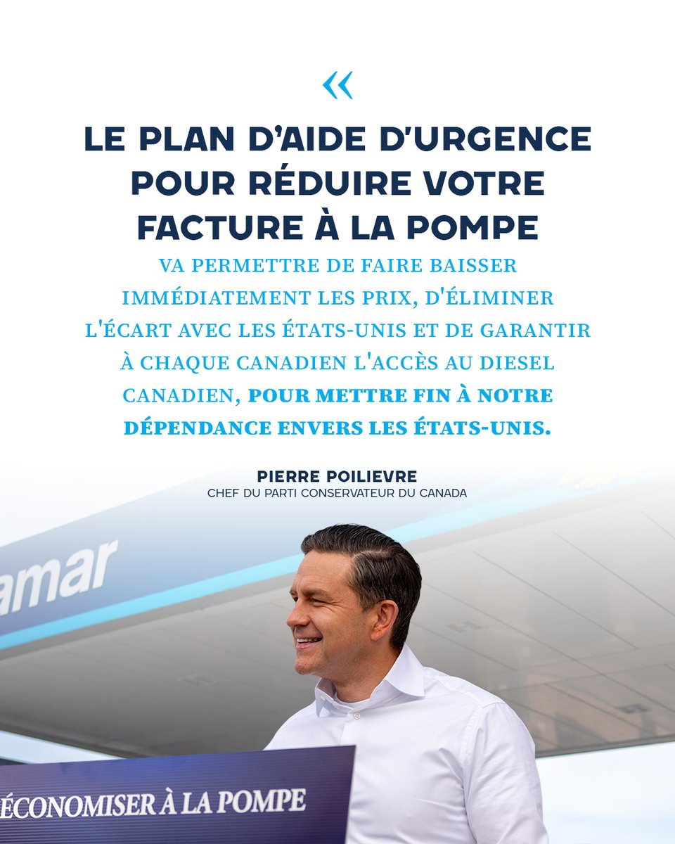 PierrePoilievre's tweet photo. Le Plan d’aide d'urgence pour réduire votre facture à la pompe des conservateurs va permettre d'augmenter la production de diesel et d'autres carburants raffinés pour atteindre 1 million de barils par jour d'ici cinq ans.

Signez cette pétition pour réduire les taxes sur le diesel, supprimer les obstacles pour bâtir de nouvelles infrastructures de raffinage, augmenter la production canadienne et vous faire économiser : https://t.co/Ck8J4R1PRK
