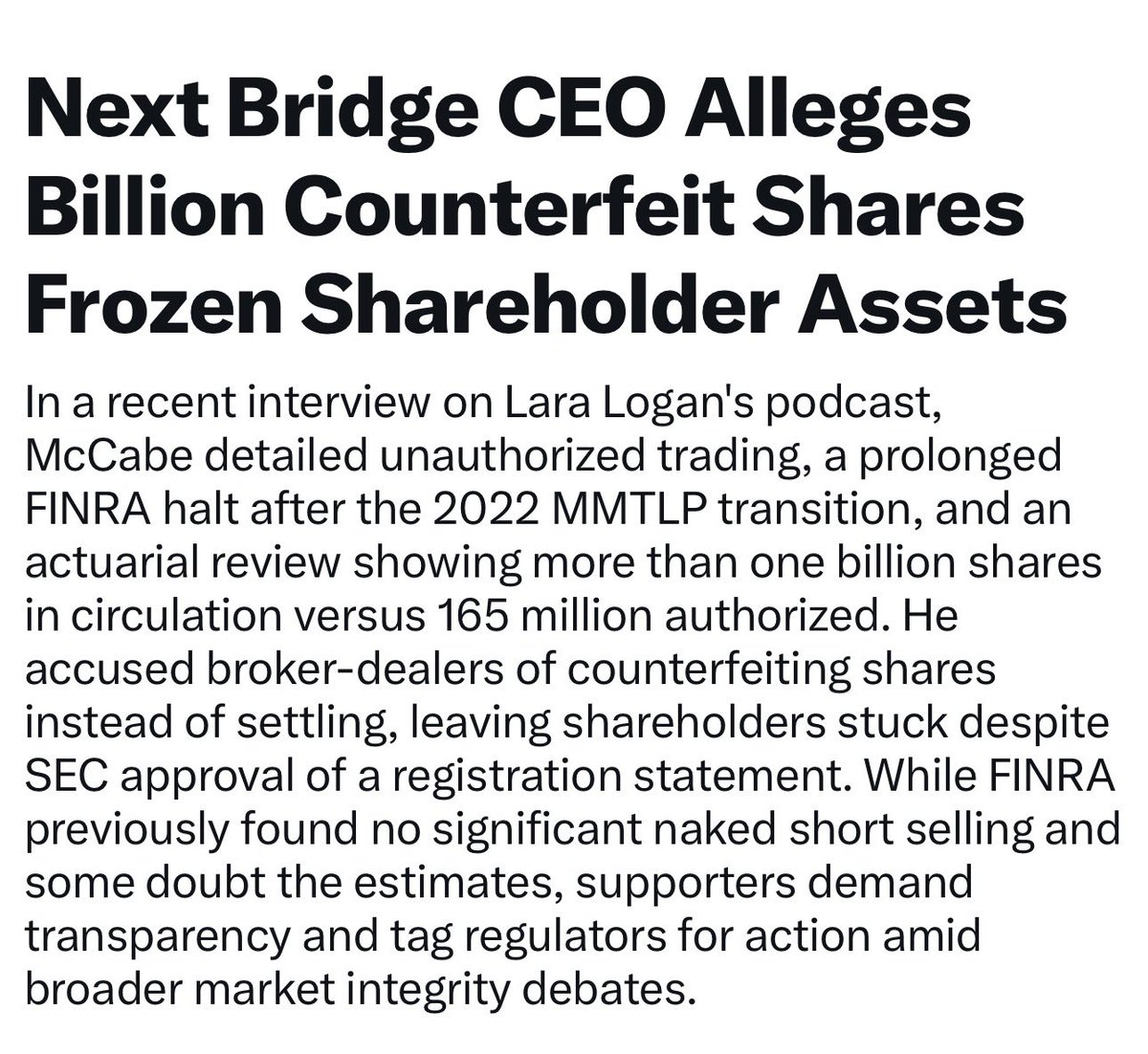 Beardvet's tweet photo. Greg McCabe broke his silence with Lara Logan and is taking his message to the President himself, A BILLION COUNTERFEIT SHARES 

Trending AGAIN on X News, this Biden SEC and Congressional Scandal is gaining momentum and there’s nothing the Regulating/Market Maker Criminals can do about it 👊🏼🇺🇸