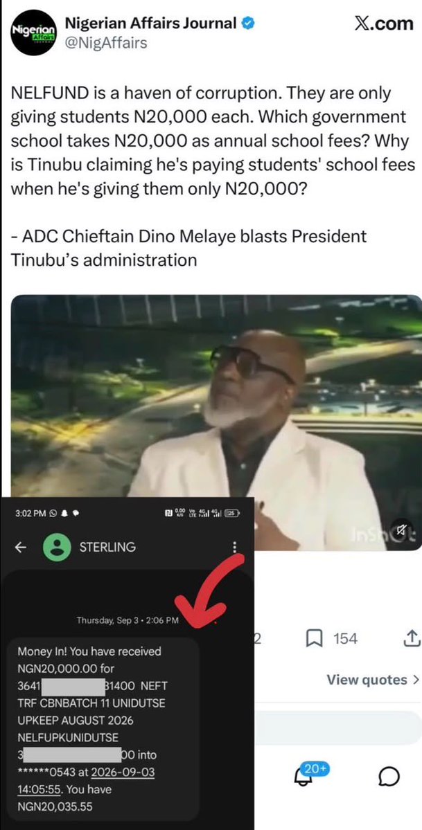 renoomokri's tweet photo. Dear Distinguished Senator @_dinomelaye,

Thank you for your feedback. However, please note that the lowest-paid student on the NELFUND Student Loan Scheme receives ₦20,000 a MONTH, not ₦20,000 a YEAR, as you alleged in this video. In a year, the minimum that students on the program get is ₦240,000. This amount is for student upkeep, which is separate from the tuition paid directly to the school. And most of the over 1 million recipients are from Northern Nigeria, where the average annual university tuition is ₦100,000. 

Please find attached an actual screenshot of a monthly NELFUND alert paid to a student admitted to the Federal University, Dutse, Jigawa State, where his total annual school fees are ₦84,000. Notice that it was paid in the current month of September 2026. I will send you his name and contact details privately so you can reach him to verify the information. 

The NELFUND Student Loan Program is a lifesaver for Nigerian students. It has enabled over a million students to enrol at universities who otherwise would not have been able to afford it. 

And not only students benefit. Under Tinubu, there has been no nationwide ASUU strike because the education sector is now well-funded and lecturers earn a living wage. This is the first time since ASUU was founded that we have not had a national strike under an administration, civil or military. 

Perhaps, as patriotic citizens who love Nigeria and want the best for her, we can avoid undermining this lofty idea by not politicising it. 

Thanks again, and may God bless you. 

Bemigho Reno Omokri