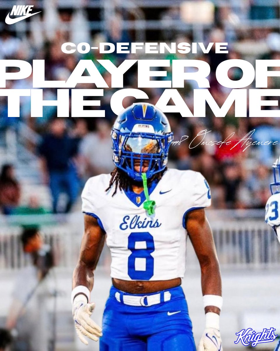 ElkinsFootball's tweet photo. Players of the week - Week 5
Offense - @tysoncraft2027
Co-Defense - @OmosefeAyemere
Co-Defense - @JONO_Bailey2028
#KnightLife #48minutes #MEQ
FAMILY https://t.co/odQKMLwLKW