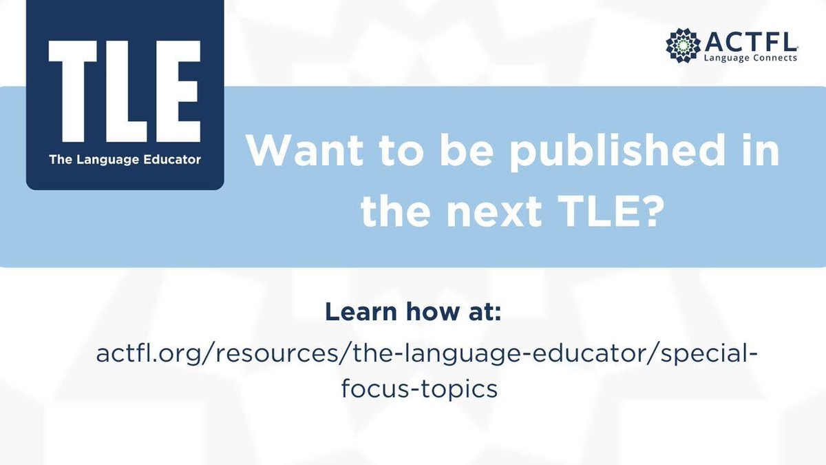 actfl's tweet photo. Share your inspiration, spread your ideas, and shout about your initiatives—write an article for The Language Educator. Learn more at: https://t.co/GBOzUjOlj7 #TuesdayTLE https://t.co/eMzz9AEUQe